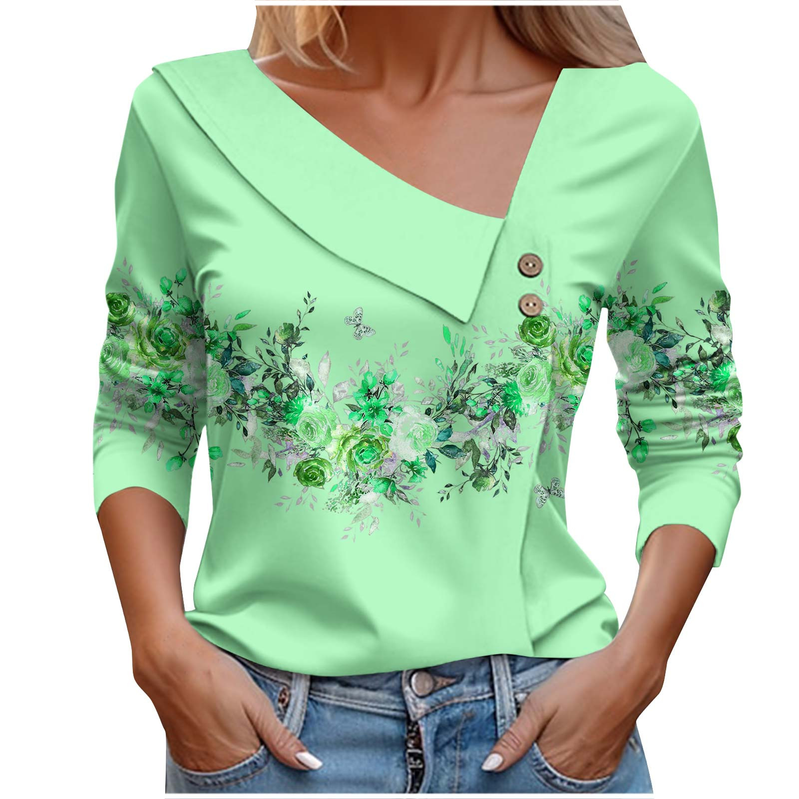 T-shirt da donna popolare primaverile e autunnale a maniche lunghe con scollo a V T-shirt stampata a fiori colorati_voghion.com