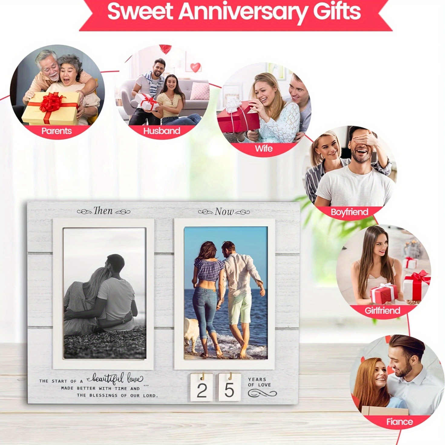 En stock Amazon creativo Aniversario de madera marco de fotos compromiso boda pareja con 4*6 pulgadas mesa de fotos