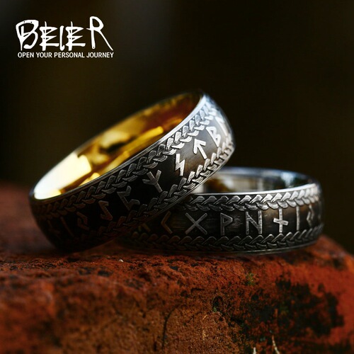 beier European and American retro Viking letters fashionable and simple titanium steel ring foreign trade retro stainless steel electroplated ring