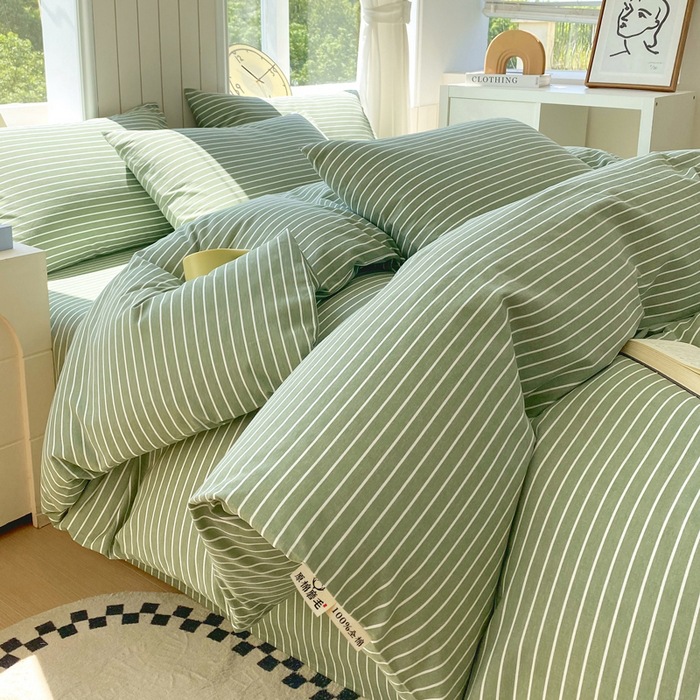 Pure Cotton Thickeneded Brushed Four-Piece Set, Pure Cotton Skin-Friendly Stripesd Quilt Cover, Bed Sheetss, Fitted Bed Sheetss, Pillowcases, Student Dormitory Three-Piece Set