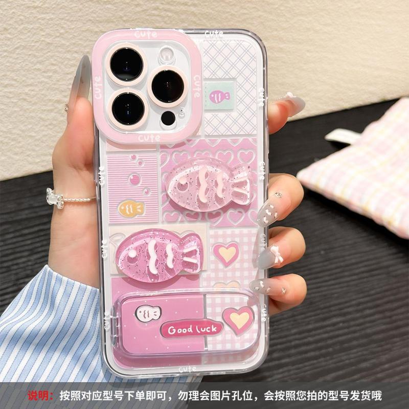 ブルーチェック柄の魚ミラーブラケットケース Apple 13 携帯電話ケース 15/16pro Huawei oppo Xiaomi vivo に適しています|undefined