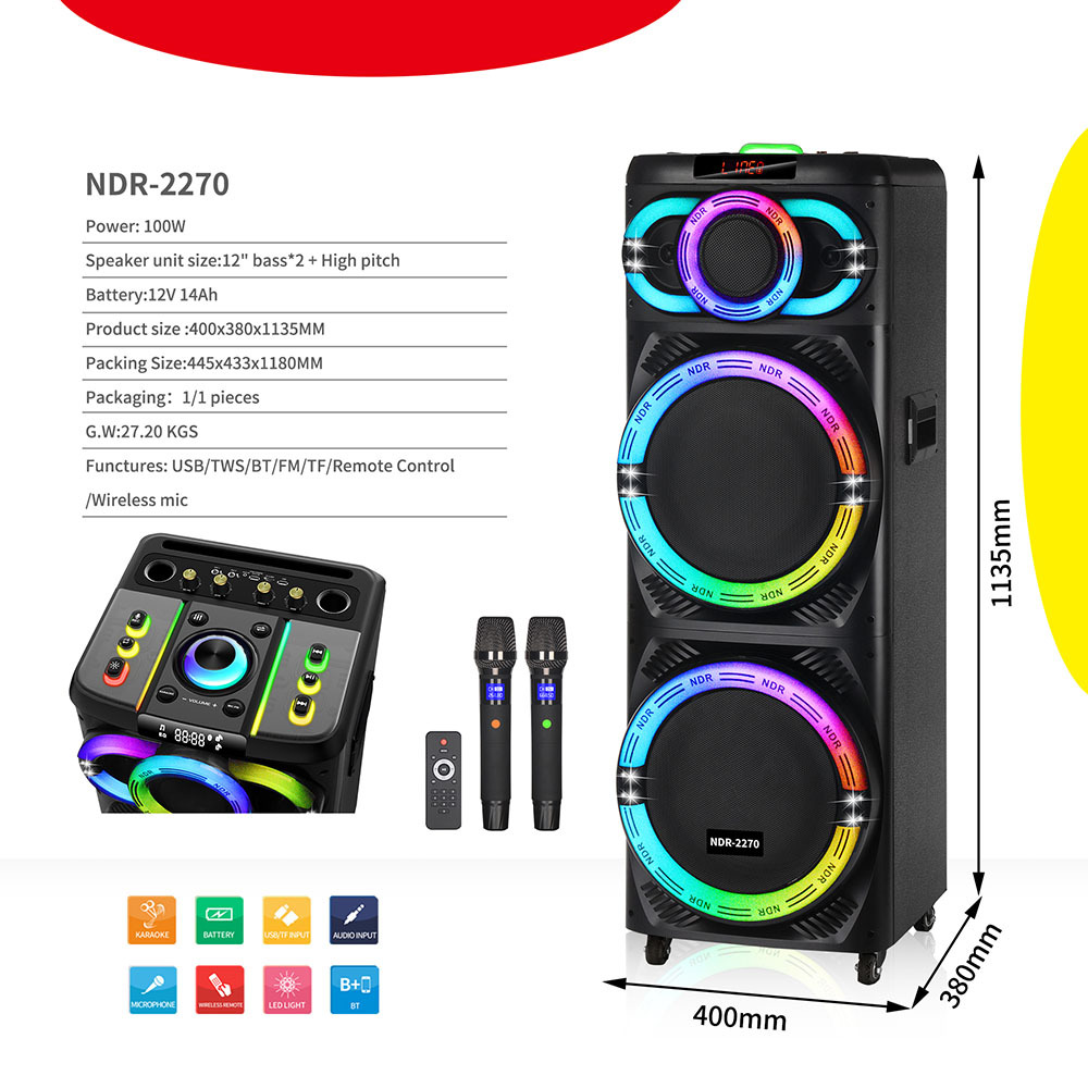 NDR - 2270 altavoz Bluetooth 12 pulgadas doble altavoz micrófono inalámbrico portátil square dance tarjeta de sonido RGB luz de color