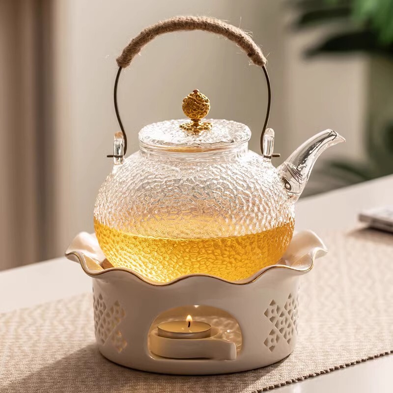 Japanese Afternoon Tea Tea Set Complete Set of Flower Teapot Candle Tea Candle Holder Can Be Heated Fruit Tea Hammer Pattern Glass Water Kettle