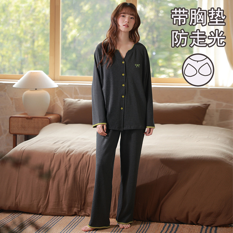 Korean-Style Cartoon Pure Cotton Pajamas with Chest Pads for Women, Autumn Round-Neck Cardigan, Long-Sleeved Trousers, Home Wear Casual Set
