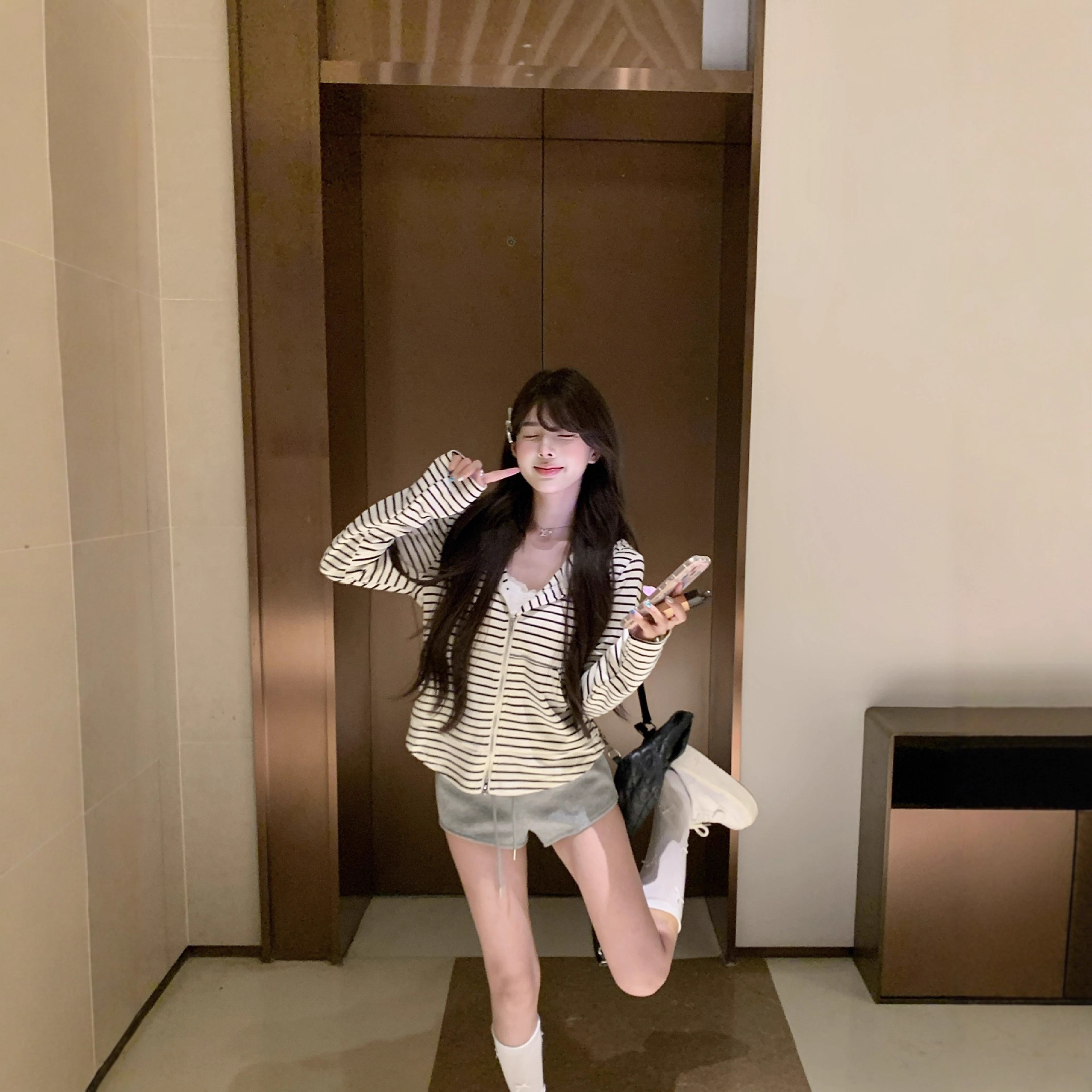 Designed Striped Hooded Zipper Long-Sleeved Thin Jacket for Women 2025 Autum New Versatile Slim Casual Top