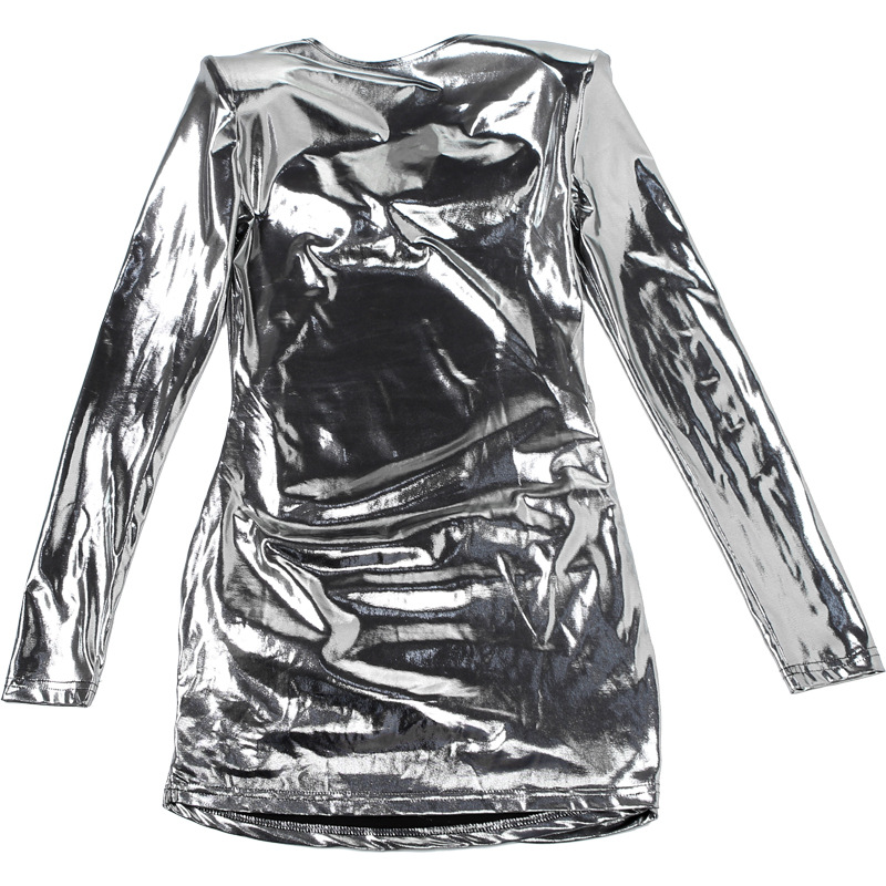 Winter Women Clothing Sexy Swing Collar Long Sleeve Pleated Glossy Sheath Sexy Short Dress