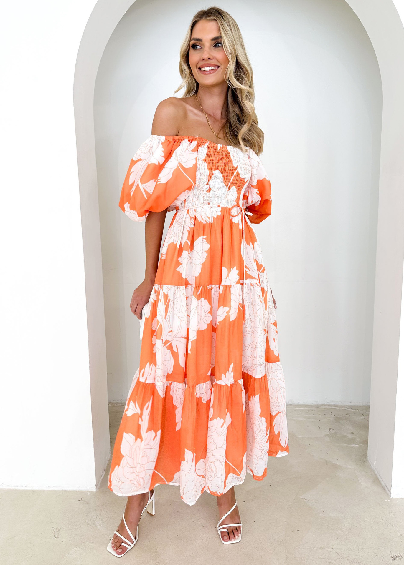 266g Weight Maxi Long Dress Dress Length Type Short Sleeve Sleeve Length Swing Dress Dresses Type Puff Sleeve Sleeve Type Polyester Fabric Type High Waist Waist Line Holiday, Daily Occasion Off Shoulder Neckline Slim Fit Type Flower Pattern Spring Season Women's Gender Printing Design Elegant, Pastoral Style Wholesale Women's Elegant Pastoral Printing Flower Holiday Daily Off Shoulder Short Sleeve Swing Dress 24