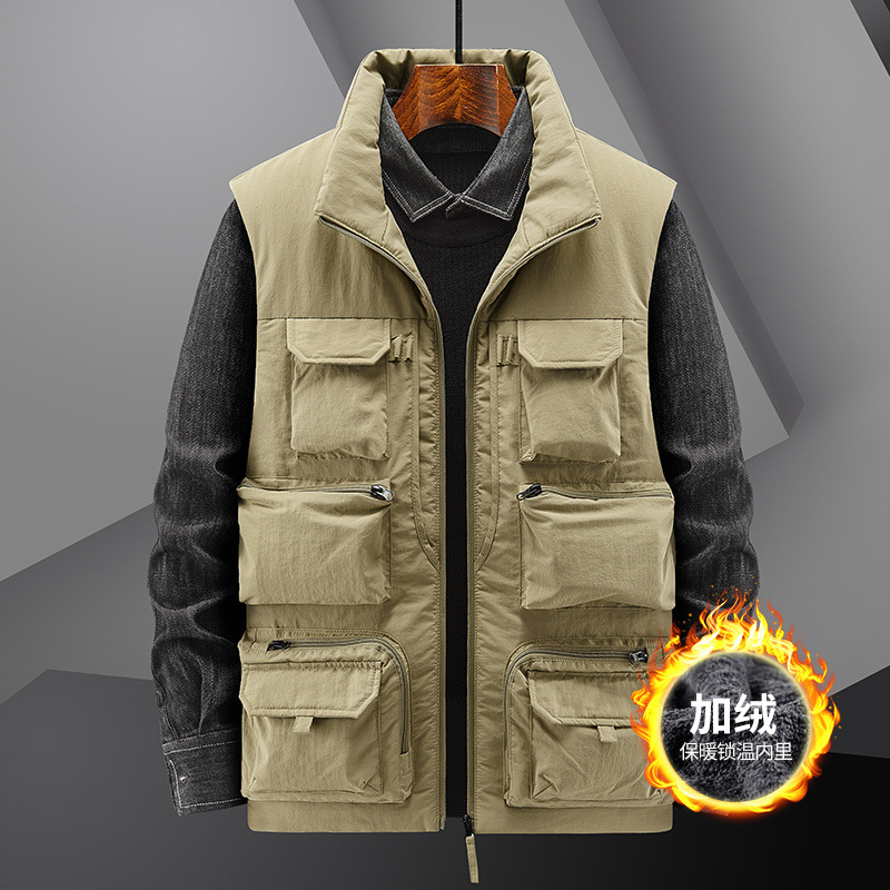 Men's Autumn and Winter Thick Workwear Vest Multi-Pocket Vest Jacket Plus-Size Oversized Sleeveless Vest for Men