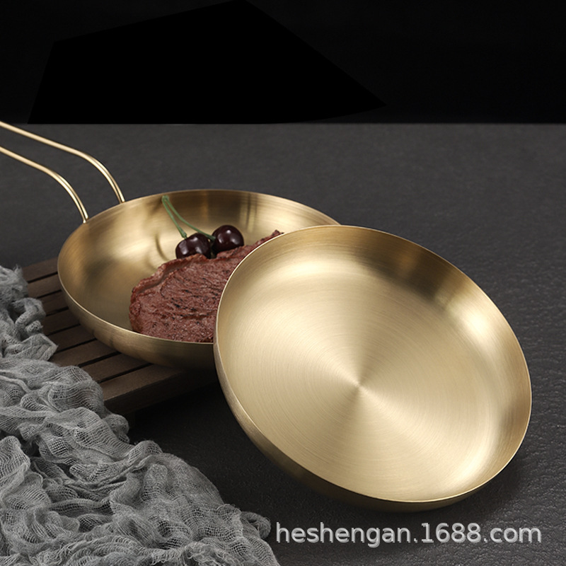 Plato de bocadillo de acero inoxidable barbacoa plana creativa con mango de oro comercial occidental postre plato redondo