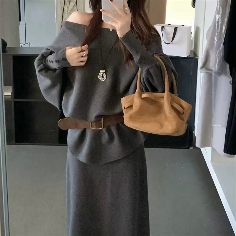 外贸百搭露肩纯欲风毛衣女秋季新款气质显瘦半身裙针织衫两件套潮|undefined