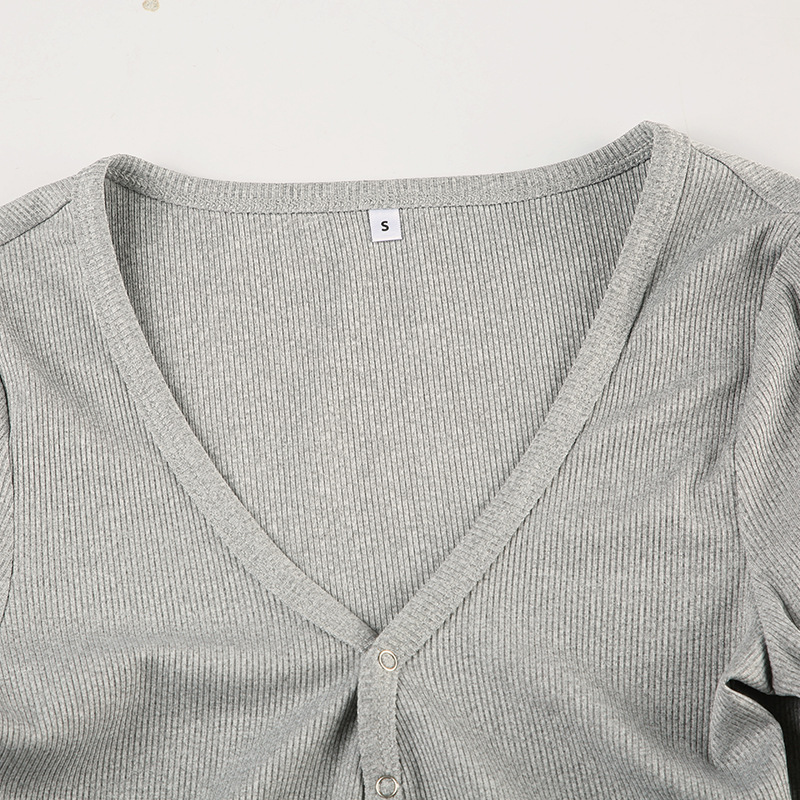 Autumn Winter Women Clothing Solid Color Buttons Deep V Plunge neck Sexy Sports Workout Long Sleeve Romper