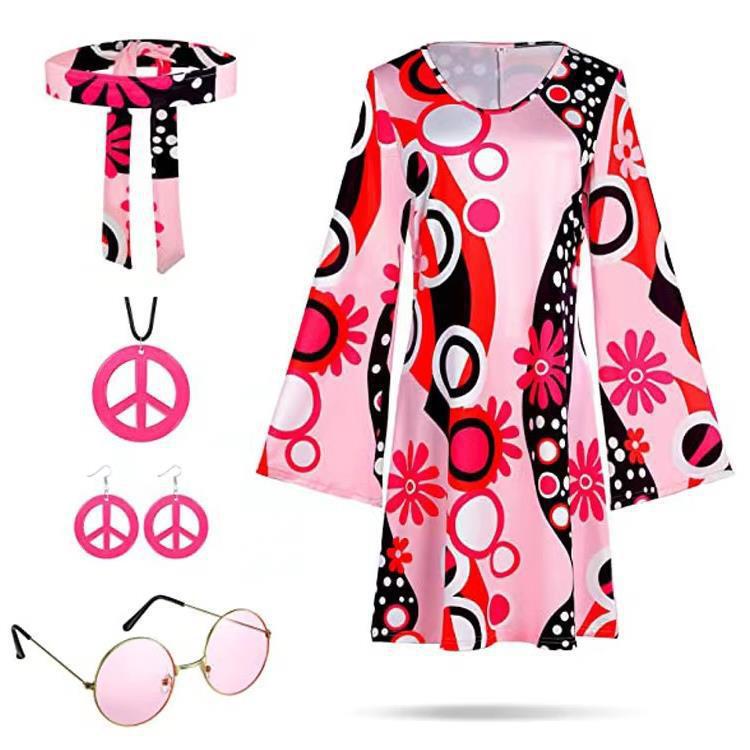 Amazon Halloween Cross Border Women's Clothing 1970 s 80 s Hippie Costume Printed dress Hijab