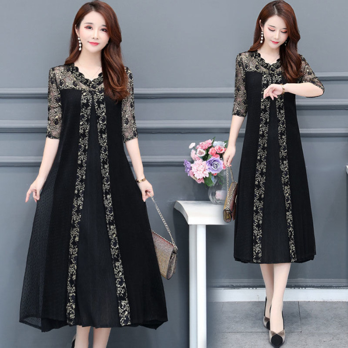 Summer European and American temperament dress loose half sleeve lace women's plus size big swing long skirt foreign trade trend