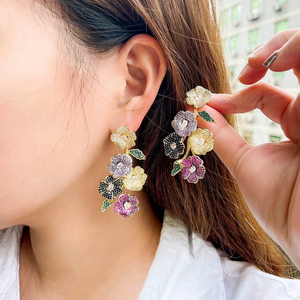 Silver needle, zirconium, trend earrings, accessory, European style, silver 925 sample, french style, micro incrustation, flowered