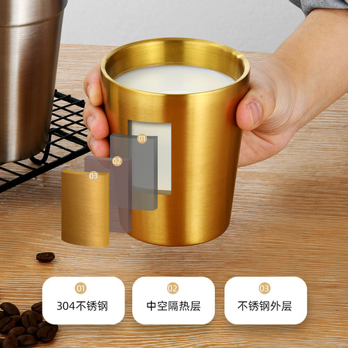 Stainless steel cup with drilling and hammer texture, double-layer Korean style, large capacity, stackable, fire rhombus tea cup, water cup, coffee cup 304