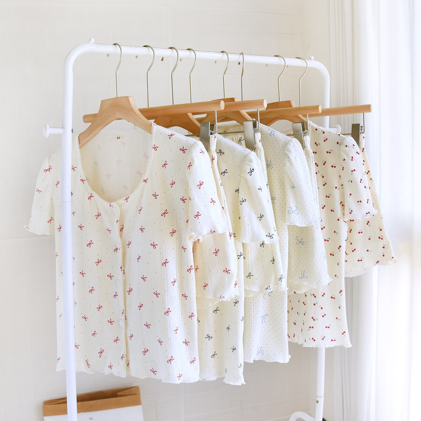 Summer Knitted Cotton Padded Pajamas for Women, Sweet Short-Sleeved Cardigan Shorts Suit, Pure Cotton Bra-Free Home Clothes