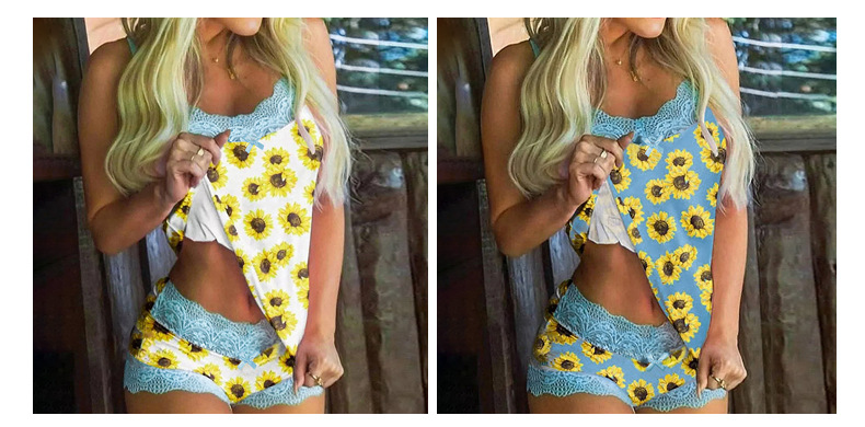 Pijamas de dos piezas con adornos de encaje con estampado de girasol para mujer, ropa de nihaostyles al por mayor NSMDS76967