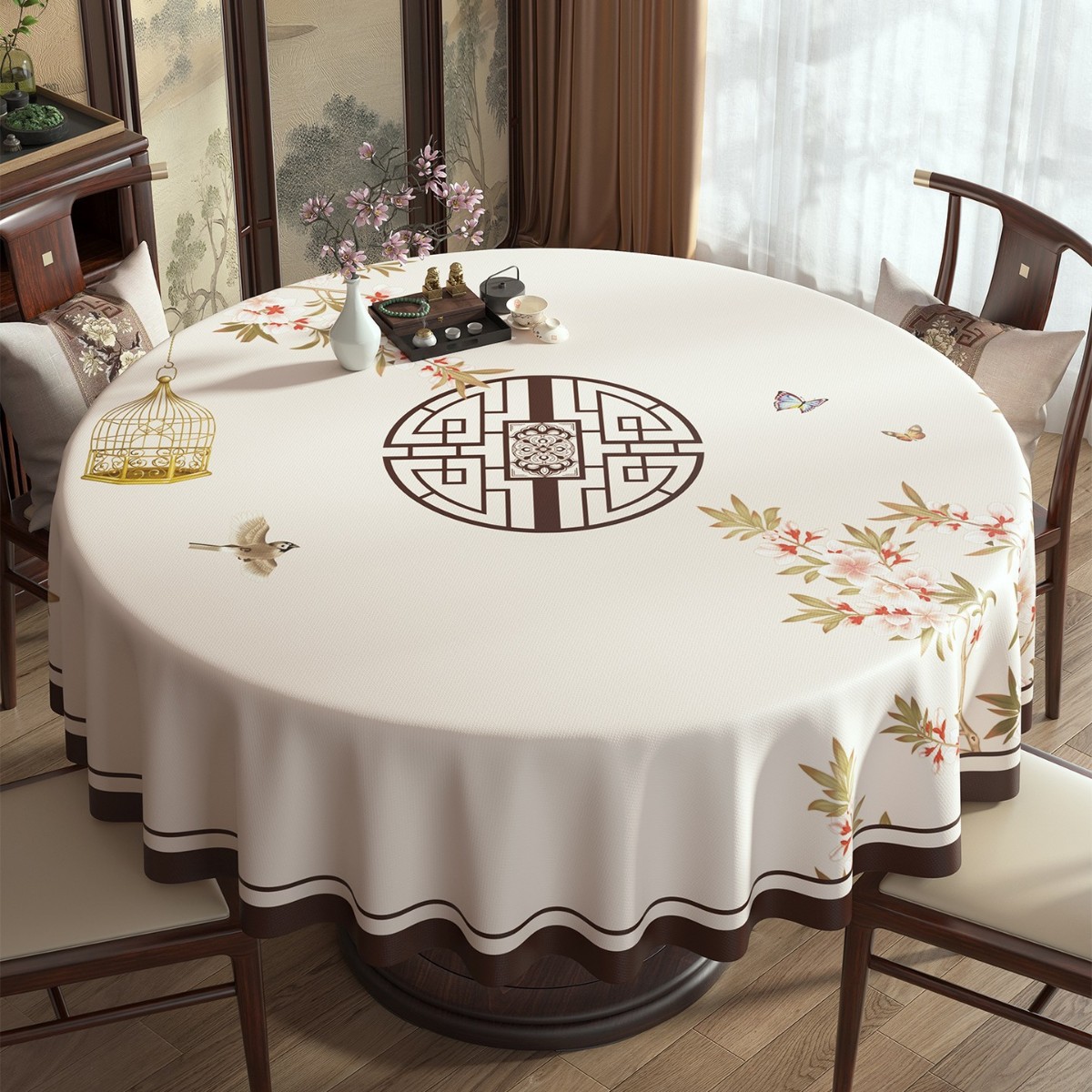 Round Table Tablecloth Waterproof and Oil-Proof No-Wash New Chinese Style Round Tablecloth Home Light Luxury Coffee Table Tablecloth