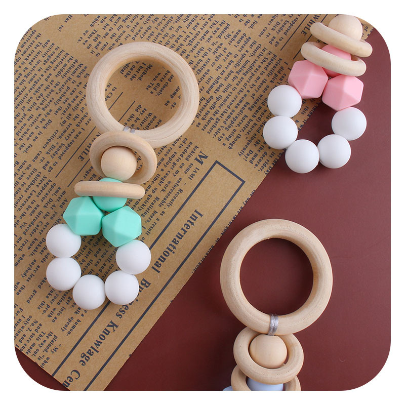 Nuevo bebé suministros DIY creativo anillo de madera teether bebé calmante silicona juguete dientes de molienda palo teether