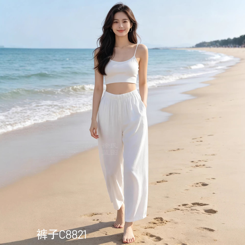 Tie-dye white plain summer new simple style women's beach pants, holiday casual loose straight cropped pants Tie-dye white plain summer new simple style women's beach pants, holiday casual loose straight cropped pants