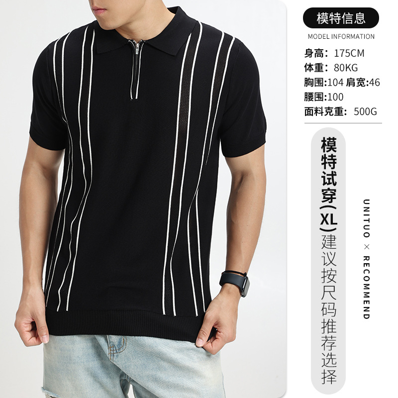 Transfronterizo de hombre hielo hombre polo camiseta de manga corta media cremallera estriada de negocios de alto nivel camiseta de verano hombre