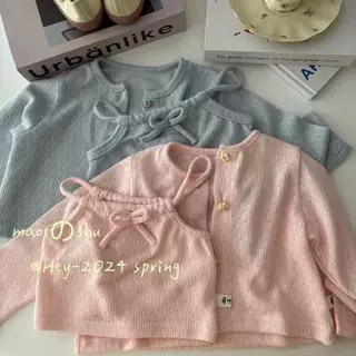 韩版春秋季新品女宝宝可爱纯色缕空女孩子洋气吊带针织开衫两件套
