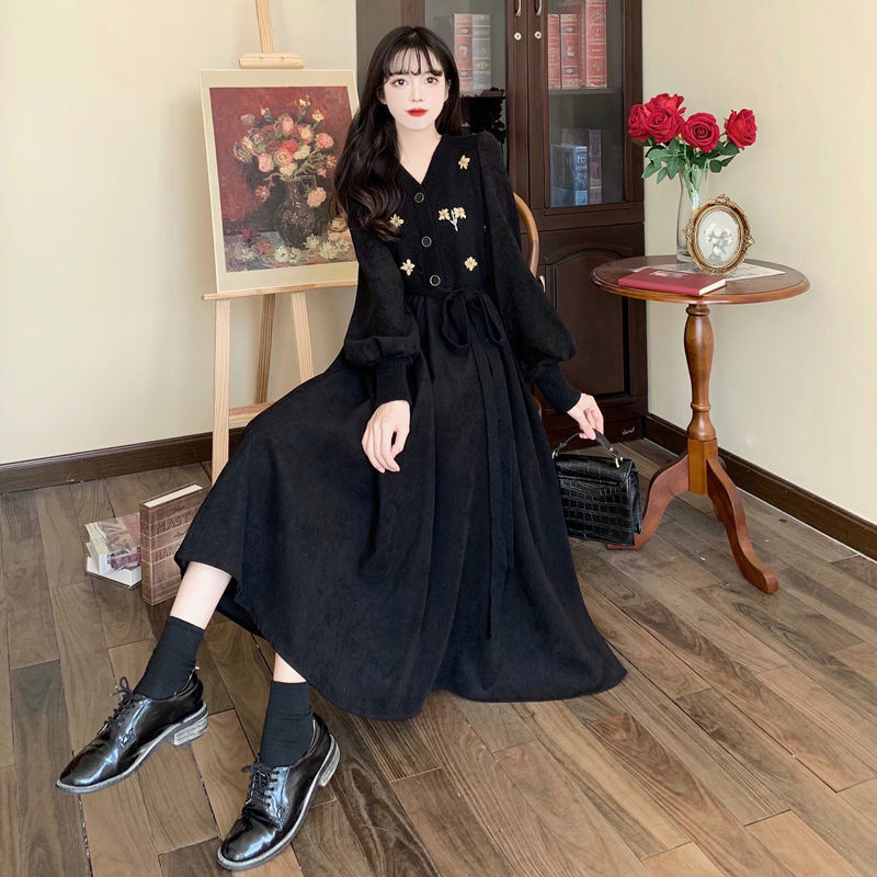 秋冬V领设计感拼接灯芯绒连衣裙大码女装胖妹妹法式气质名媛ins|undefined