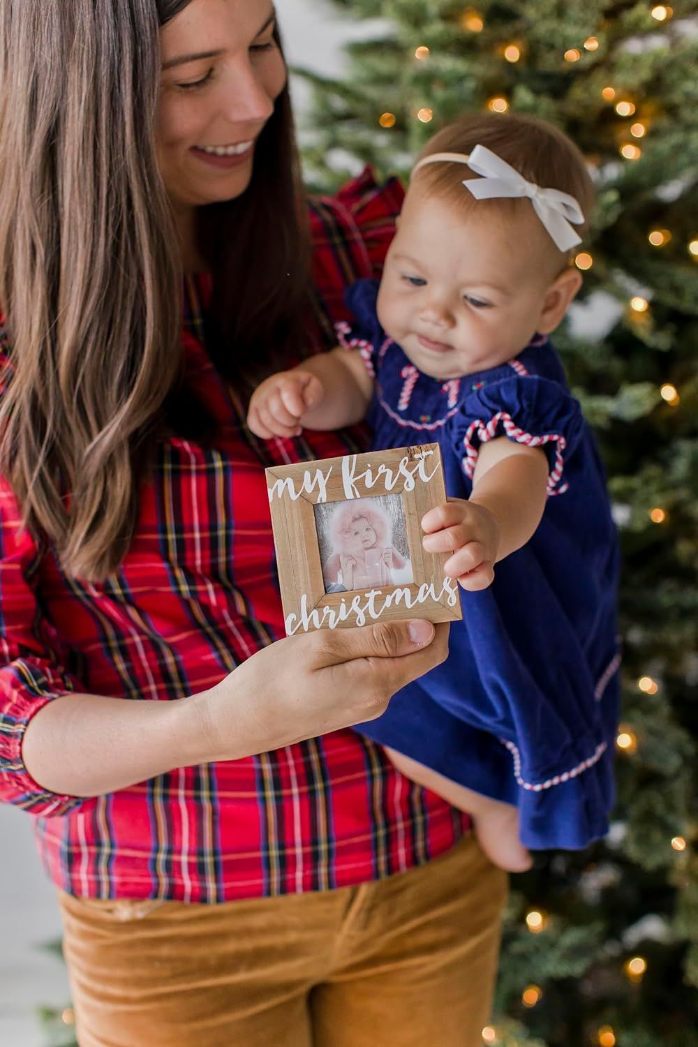 Marco de fotos de madera con cuerda colgante hogar árbol de Navidad decoración marco de fotos colgante de pared de madera foto marco conmemorativo