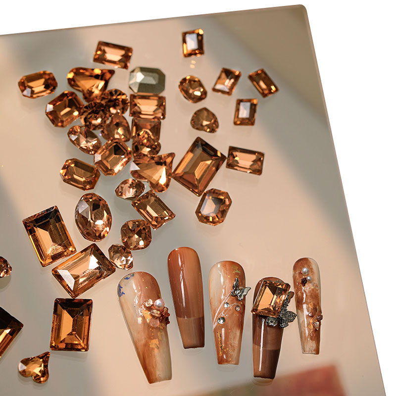 Maillard nail diamond gold diamond bronze gold autumn and winter flash crystal long right angle shaped diamond jewelry nail jewelry