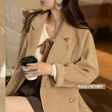 卡其色毛呢外套女2022新款春季韩版宽松系带设计感气质小个子大衣