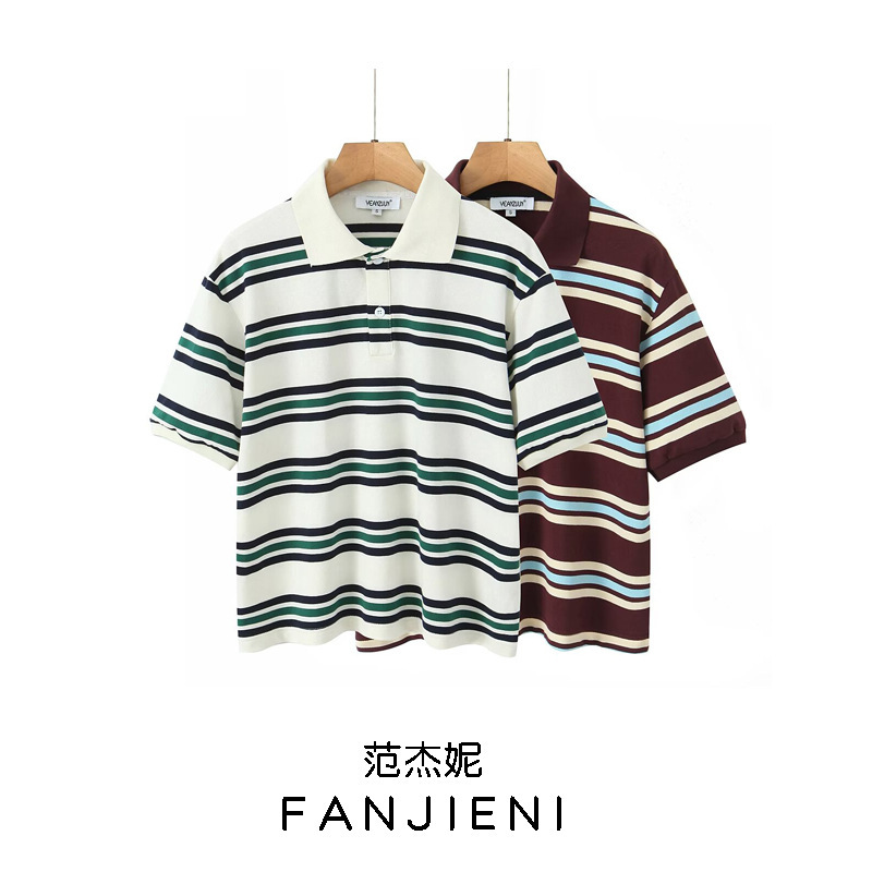 ZR foreign trade wholesale European and American style women's new American retro color striped polo shirt collar short sleeve T-shirt top ZR foreign trade wholesale European and American style women's new American retro color striped polo shirt collar short sleeve T-shirt top