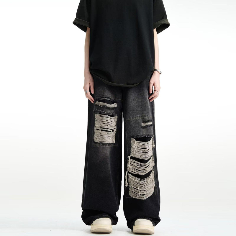 American-style retro ripped jeans men's summer washed distressed loose wide-leg straight mop fashion brand high street pants