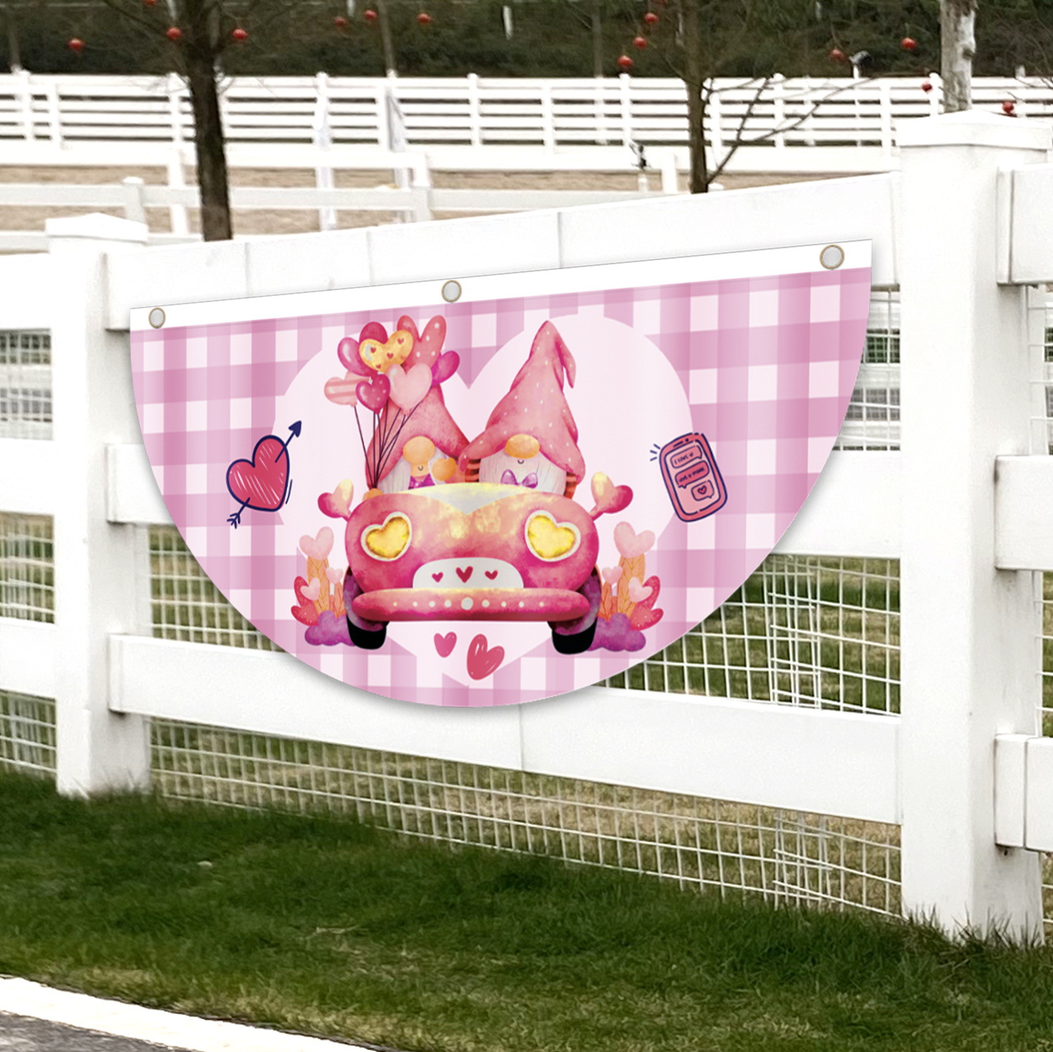 Transfronterizo nuevo día de San Valentín fan bandera aniversario de boda decoraciones al aire libre creativo impreso dibujos animados semicírculo bandera