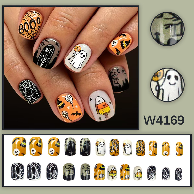 Vintage Halloween Ghost Tombstone Press-On Nails Short Square Pumpkin Bat Spider Web Cartoon Holiday Finished Products Available for Wholesale