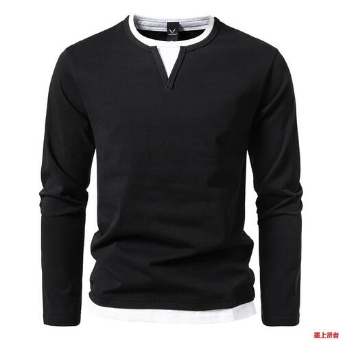 Men's T-shirt fake two-piece double-layer V-neck autumn and winter fashionable splicing large size bottomed shirt Men's long-sleeved T-shirt