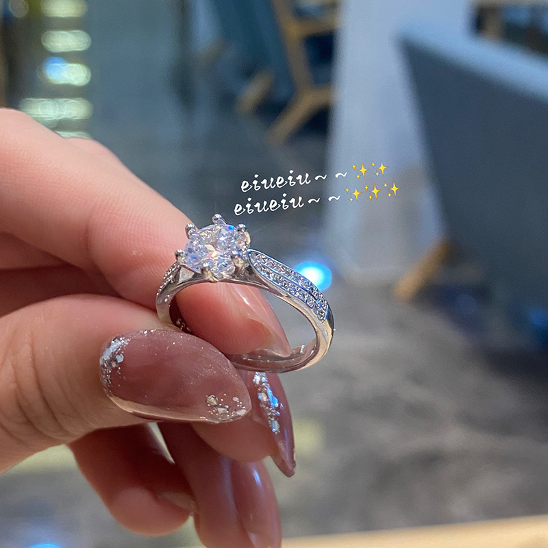 Valentine's Day Fashion Six-Claw Inlaid Shiny Diamond Ring Light Luxury Temperament Proposal Women's Ring Anchor Same Style Ornament Accessories