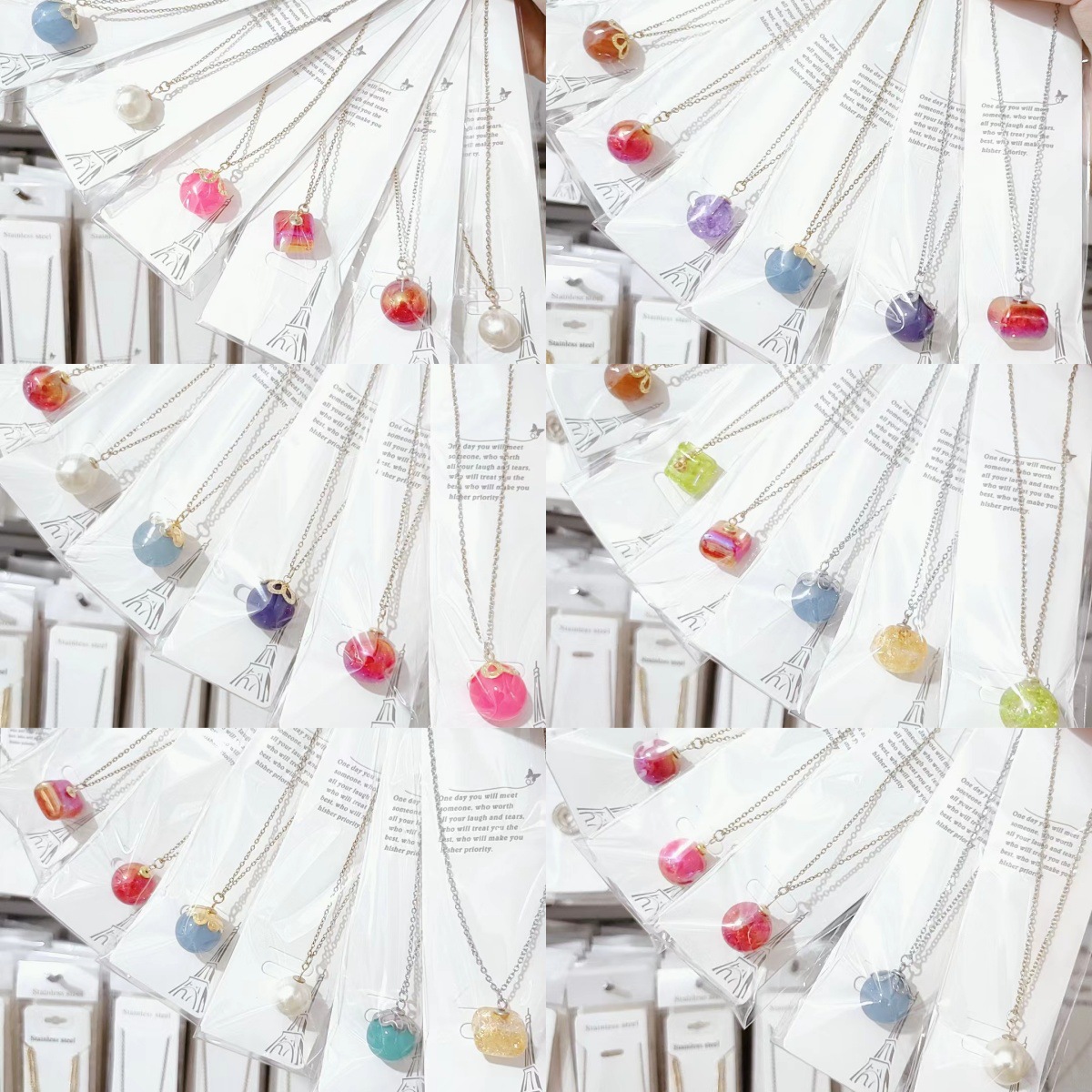 新款潮流时尚小清新糖果彩色珍珠项链女简约钛钢链 厂家特价直供