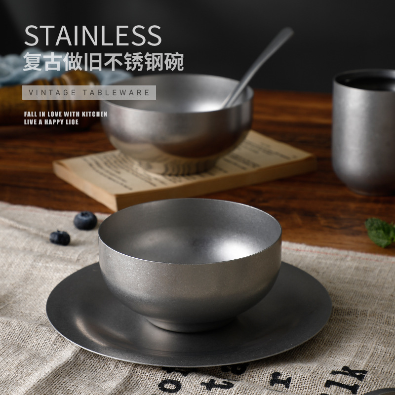 复古做旧单层碗不锈钢米饭碗高颜值餐具酒店餐厅网红店商用甜品碗