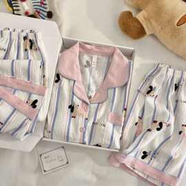 睡衣女款装夏季新款女士云朵棉带胸垫三件套M-XXL时尚家居服套装