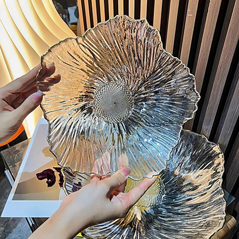 Flores nórdicas modernas caseras plato de frutas de cristal plato de bocadillos hermoso brillo perlado simple de alto valor plato rojo en línea