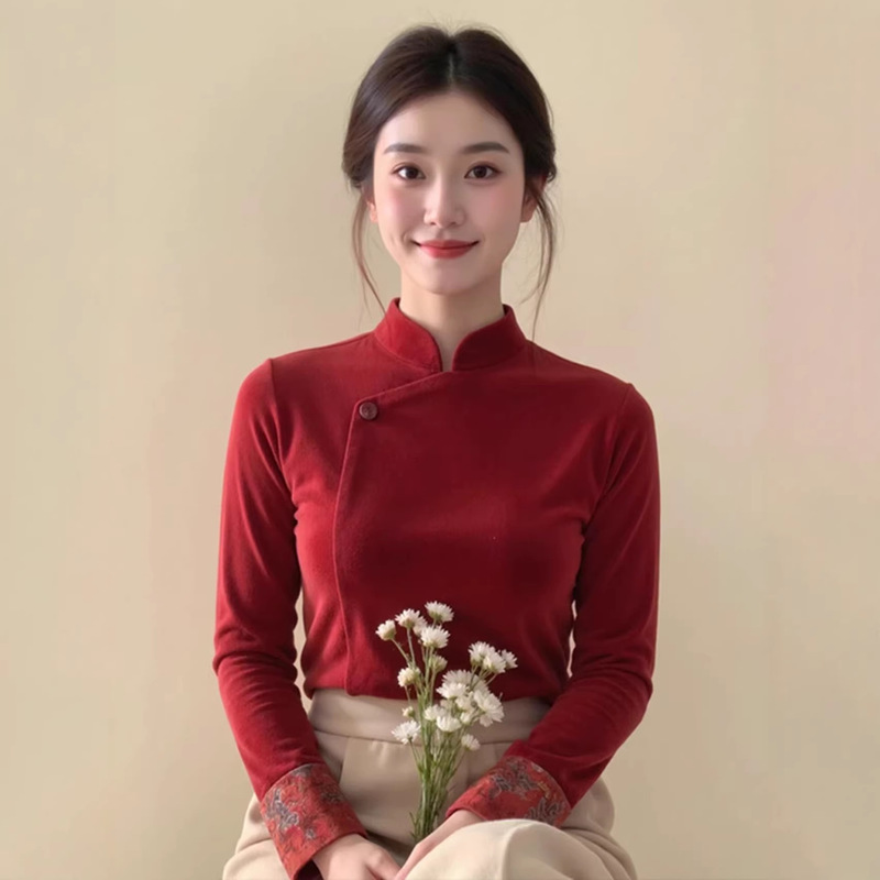 New Chinese-Style National Style Christmas and New Year Red Patchwork Stand-Collar Velvet Top for Women, Winter 2026 Design, Zodiac Year Blouse New Chinese-Style National Style Christmas and New Year Red Patchwork Stand-Collar Velvet Top for Women, Winter 2026 Design, Zodiac Year Blouse