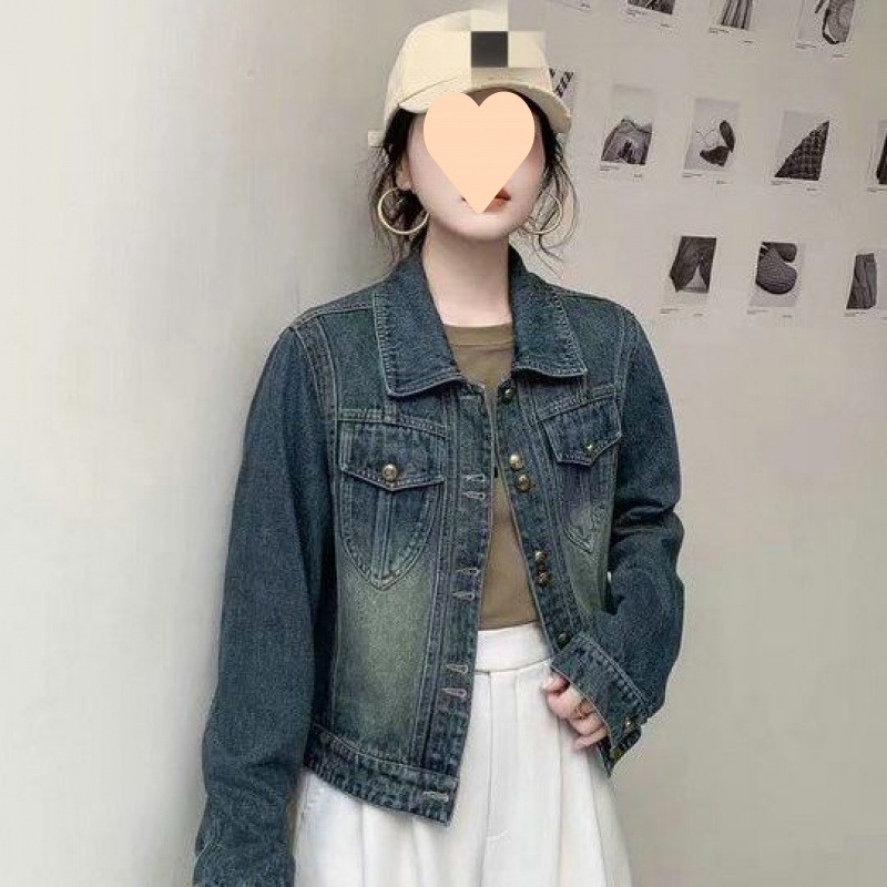 Xiaoxiangfeng ショートデニムジャケット女性のための 2025 秋韓国スタイルの新しい襟古い厚みのある気質デニムジャケット|undefined