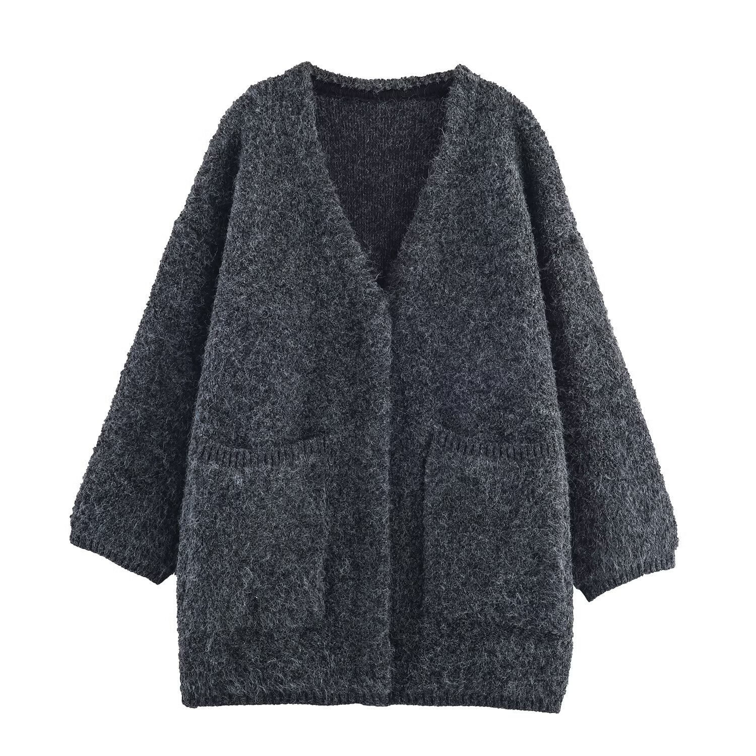 Zg Export High-Quality Floral Yarn Pocket Cocoon-Shaped Long Cardigan Spring European and American Long-Sleeved Cardigan Loose Knitted Jacket for Women