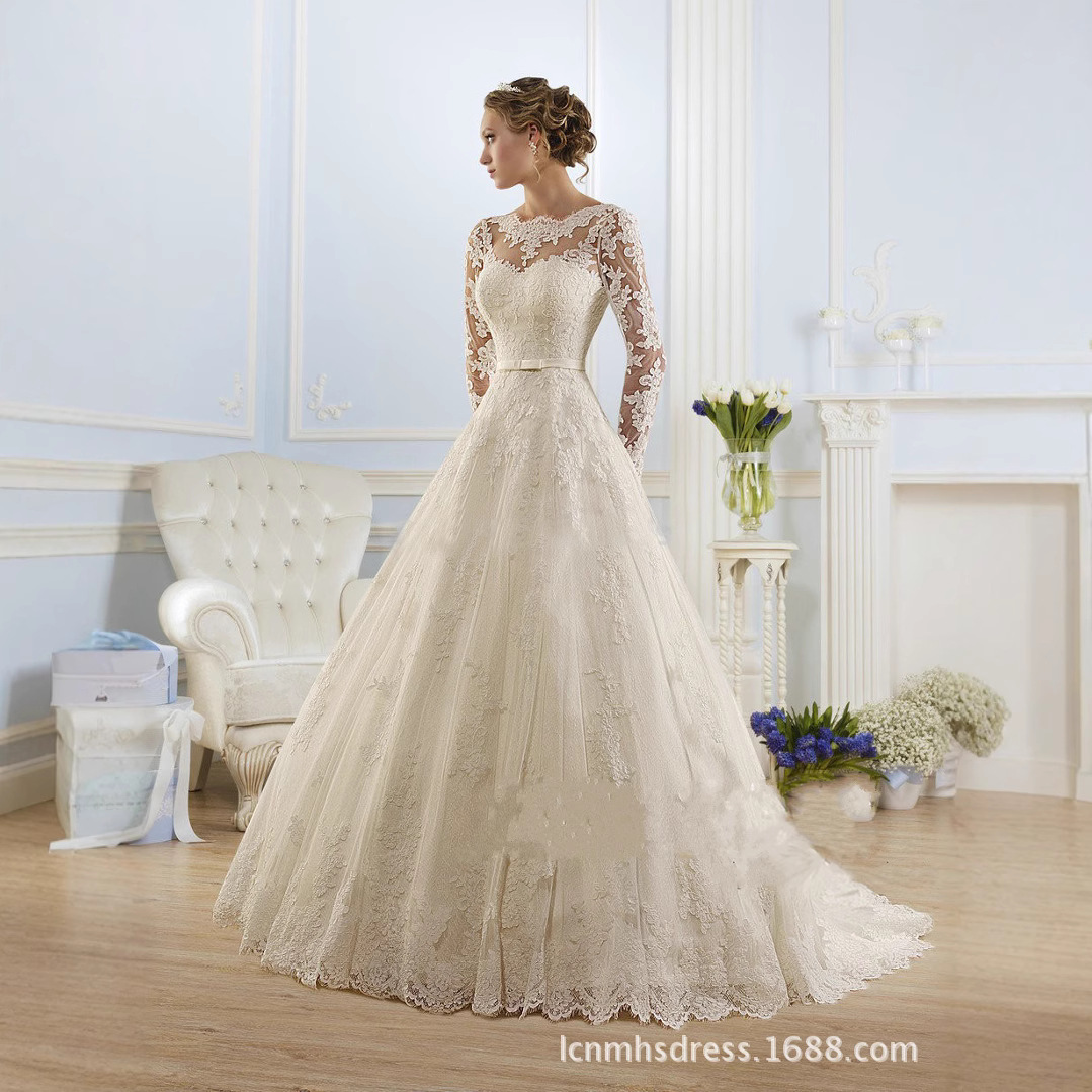 Long-Sleeved Wedding Dress 20225A Style New Export Tail Lace Backless Bridal Wedding Dress Tail Wedding Dress for Women