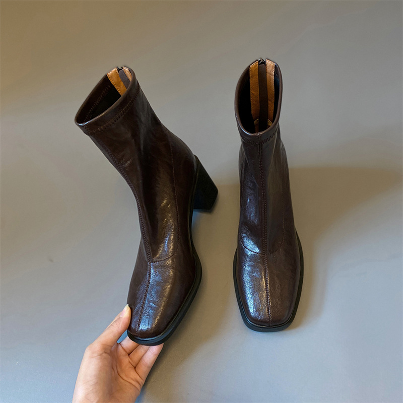 Cowhide Version ~ High-Heeled Short Boots for Women 2025 Autumn and Winter New Square-Toe Martin Boots for Petite Women French-Style Chunky Heel Slim Boots