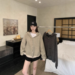 大码胖MM秋季美式复古慵懒风宽松条纹开衫连帽休闲长袖外套