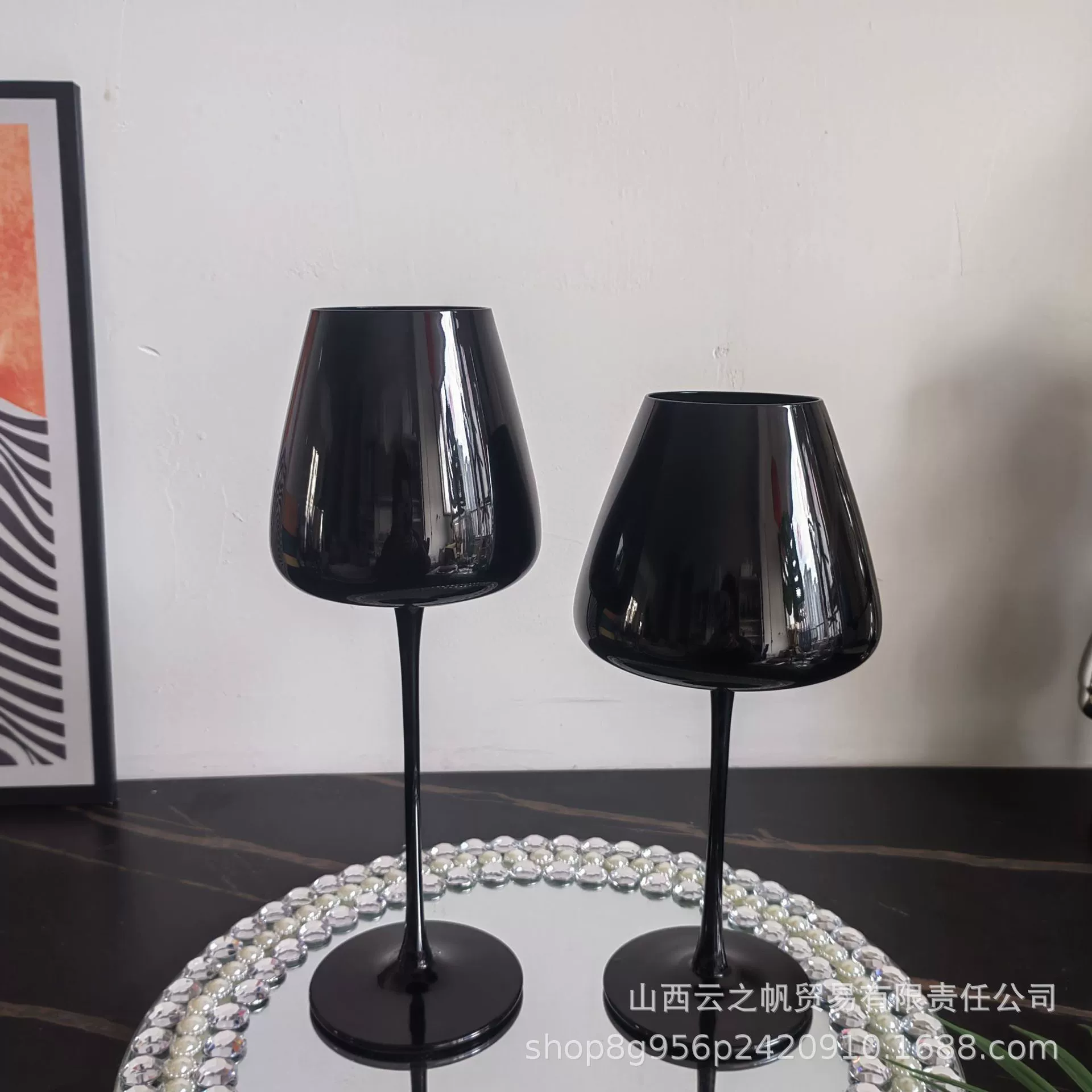 Black glass wineglass, home decor
