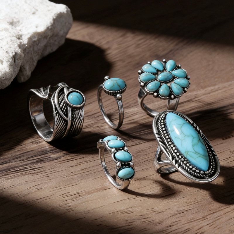 European and American Cross-Border Popular Jewelry Retro Ethnic Feather Carved Turquoise Ring for Women Bohemian Vacation Ring European and American Cross-Border Popular Jewelry Retro Ethnic Feather Carved Turquoise Ring for Women Bohemian Vacation Ring