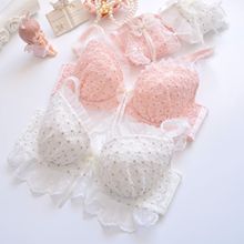 长期款日系双色刺绣薄罩杯学生少女可爱飞边聚拢性感内衣文胸套装