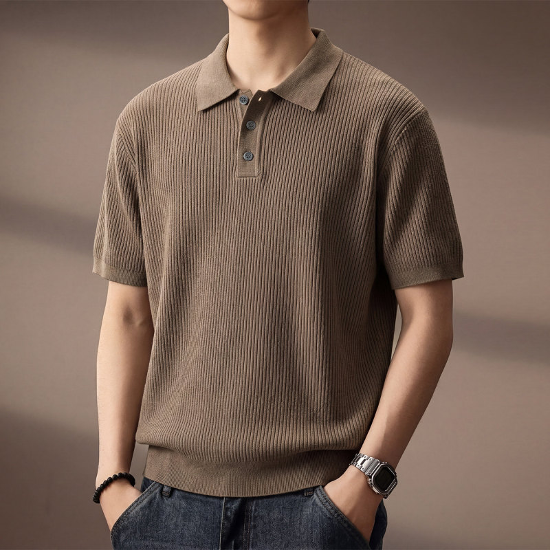 High-End American Old Money Style Vertical Ribbed Texture Short-Sleeve Knit Shirt for Men, Summer Loose Casual Polo Shirt High-End American Old Money Style Vertical Ribbed Texture Short-Sleeve Knit Shirt for Men, Summer Loose Casual Polo Shirt